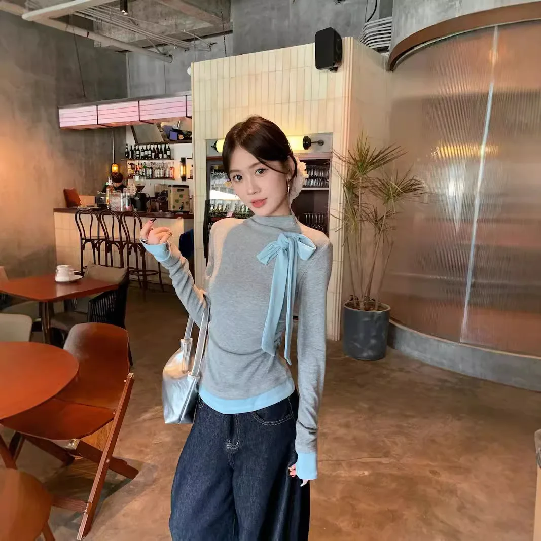 

High Quality Hot Selling Wholesale Bow Tie Tie Contrasting Long Sleeved T-shirt Slim Fit Base Shirt Fake Two-piece Top Women Y2K