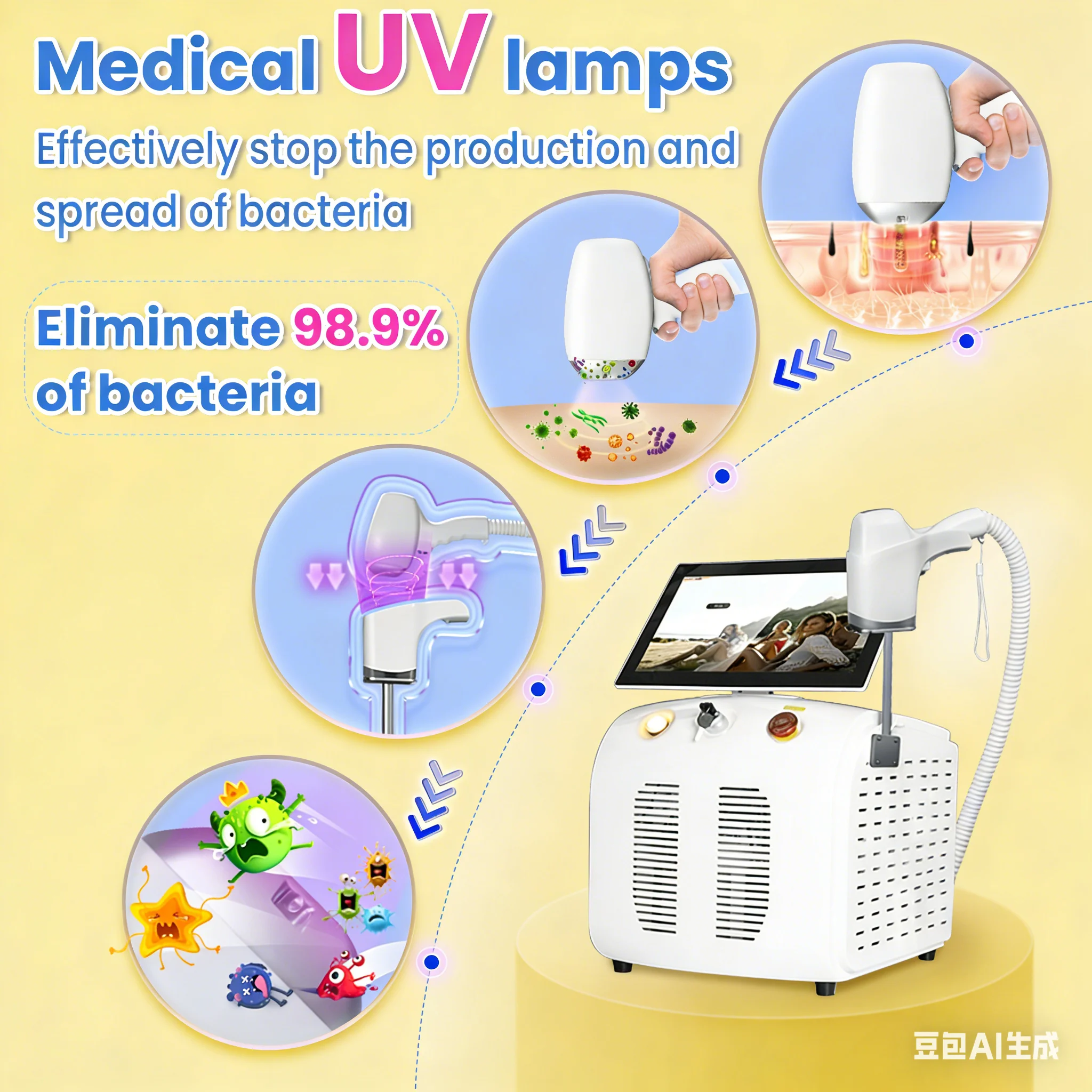 

Лазерный аппарат для удаления волос с функцией УФ-дезинфекции, диодный лазер 755, 1064, 808 нм, 4 сменные магнитные насадки -28 ℃ Безболезненный