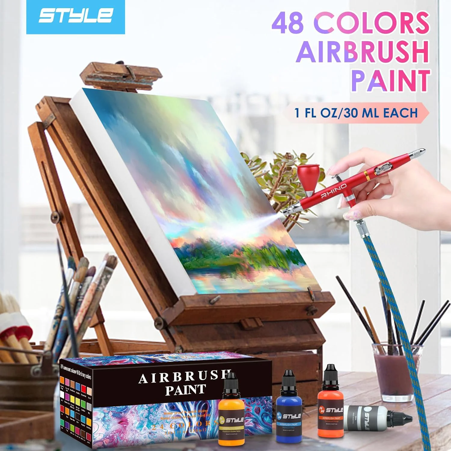 Juego de pintura para aerógrafo de 48 colores, 1 fl oz, colores opacos y brillantes, Kit de pintura con pincel de aire acrílico para cuero y zapatos, listo para rociar agua