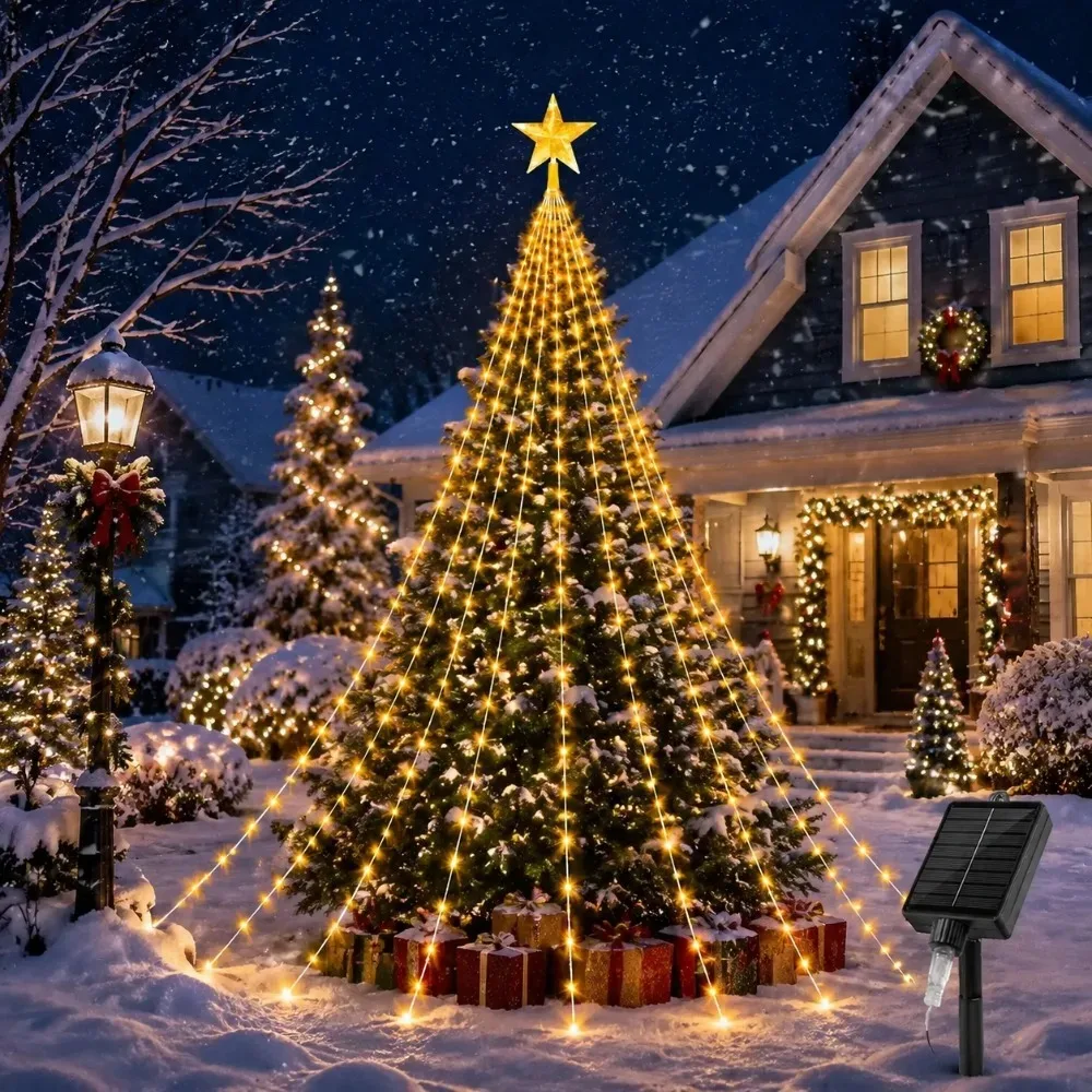 Outdoor Solar Christmas Tree Lights Star Topper Fairy String Lights for Holiday Party Garden Decoration
