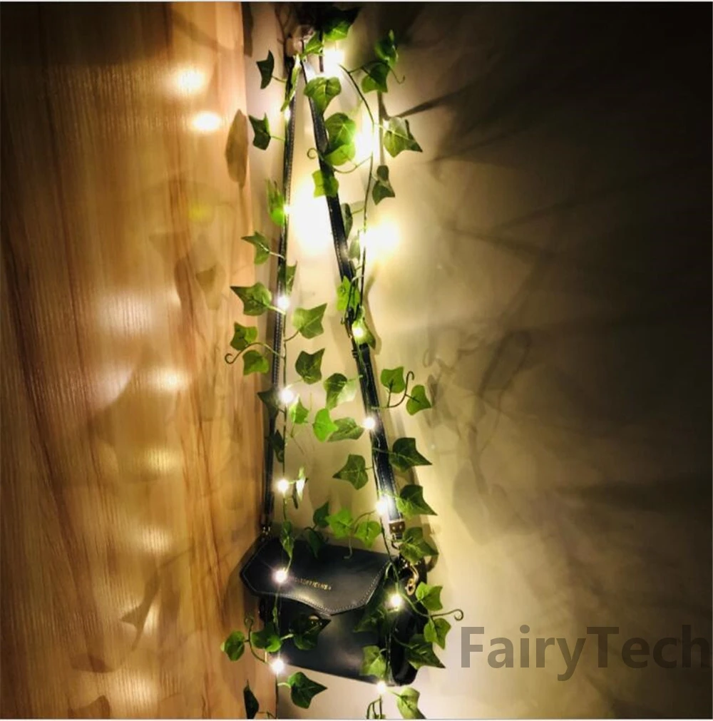 Guirnalda de luces de hoja verde para decoración del hogar, 2M, 20LED, enredadera Artificial, luces de hadas alimentadas por batería, luz de Navidad