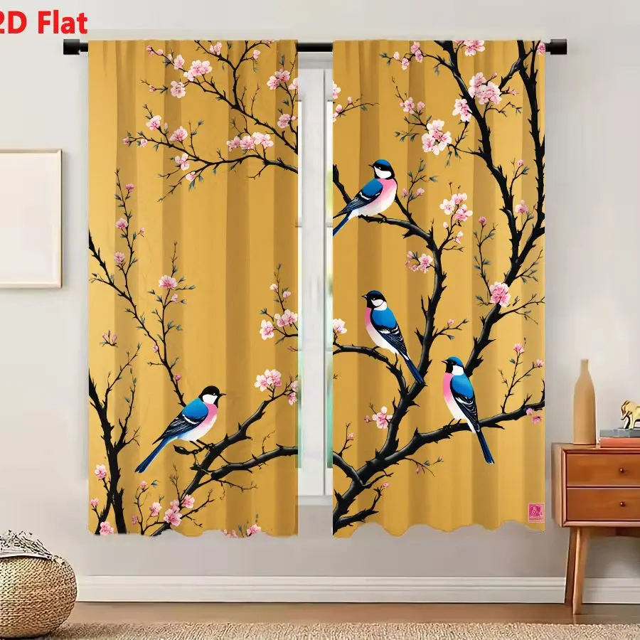 2Pcs Curtains 2D Flat Four Birds On Flowering Tree With Pink Blossoms And Golden Brown Background Window Drapes for Bedroom Room