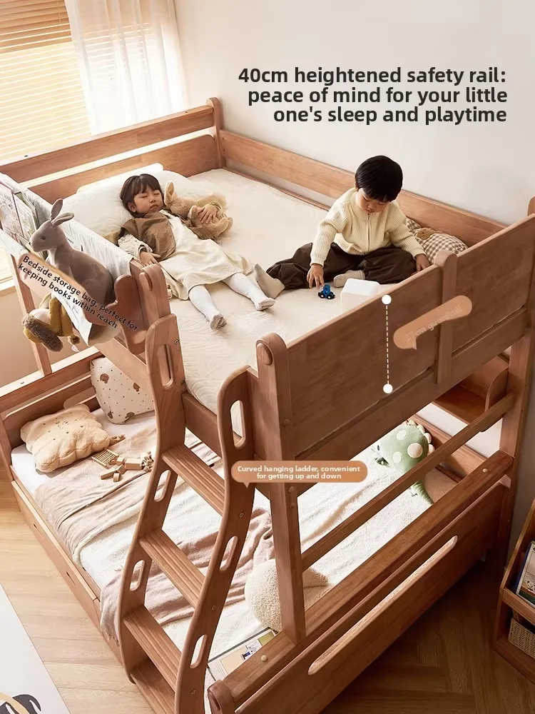 Solid Oak Wood Modern Children's Bunk Bed with Storage Double-Deck High Low  Bed for Siblings