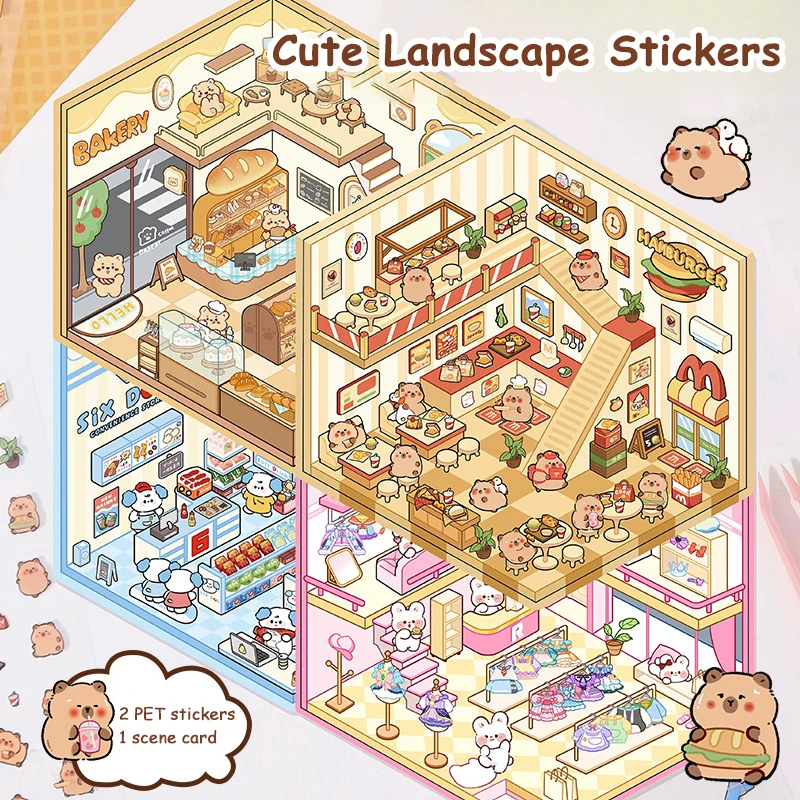 1Set Cute Cartoon Handmade DIY Landscaping Stickers Scene Stacking Pasting Stickers Creative 3D Simulation Cabin Stickers
