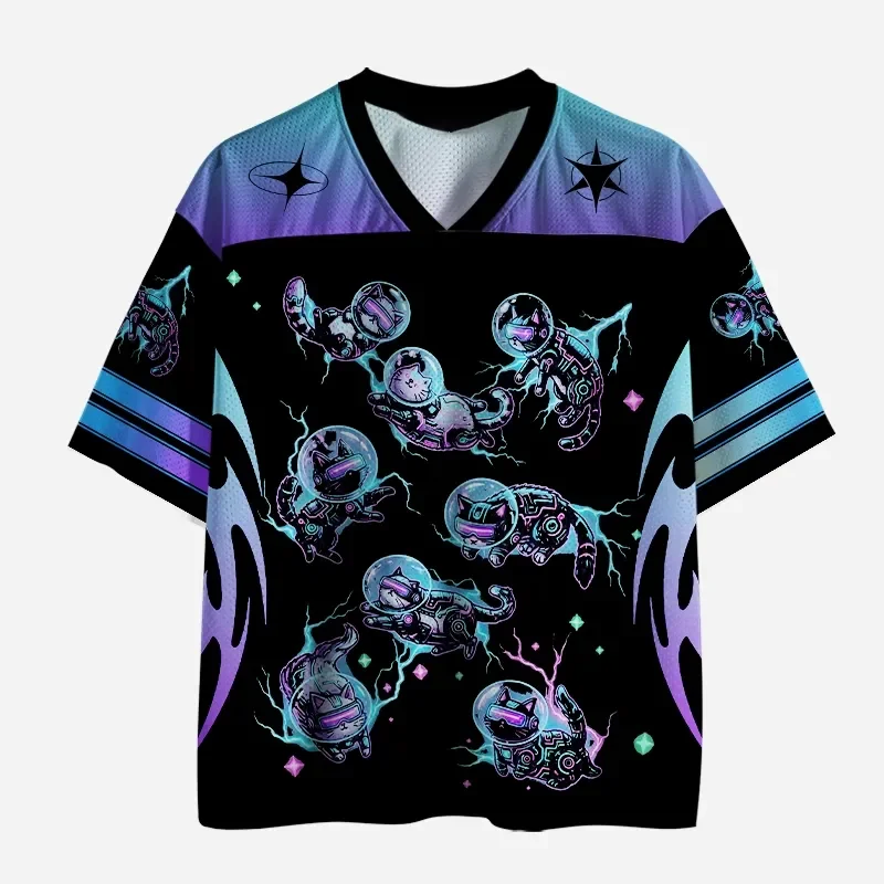 Men Women Cyberpunk Space Cat V Neck Jersey Short Sleeve Oversized Streetwear Casual Sports Shirt Purple Blue Gradient Y2K Top