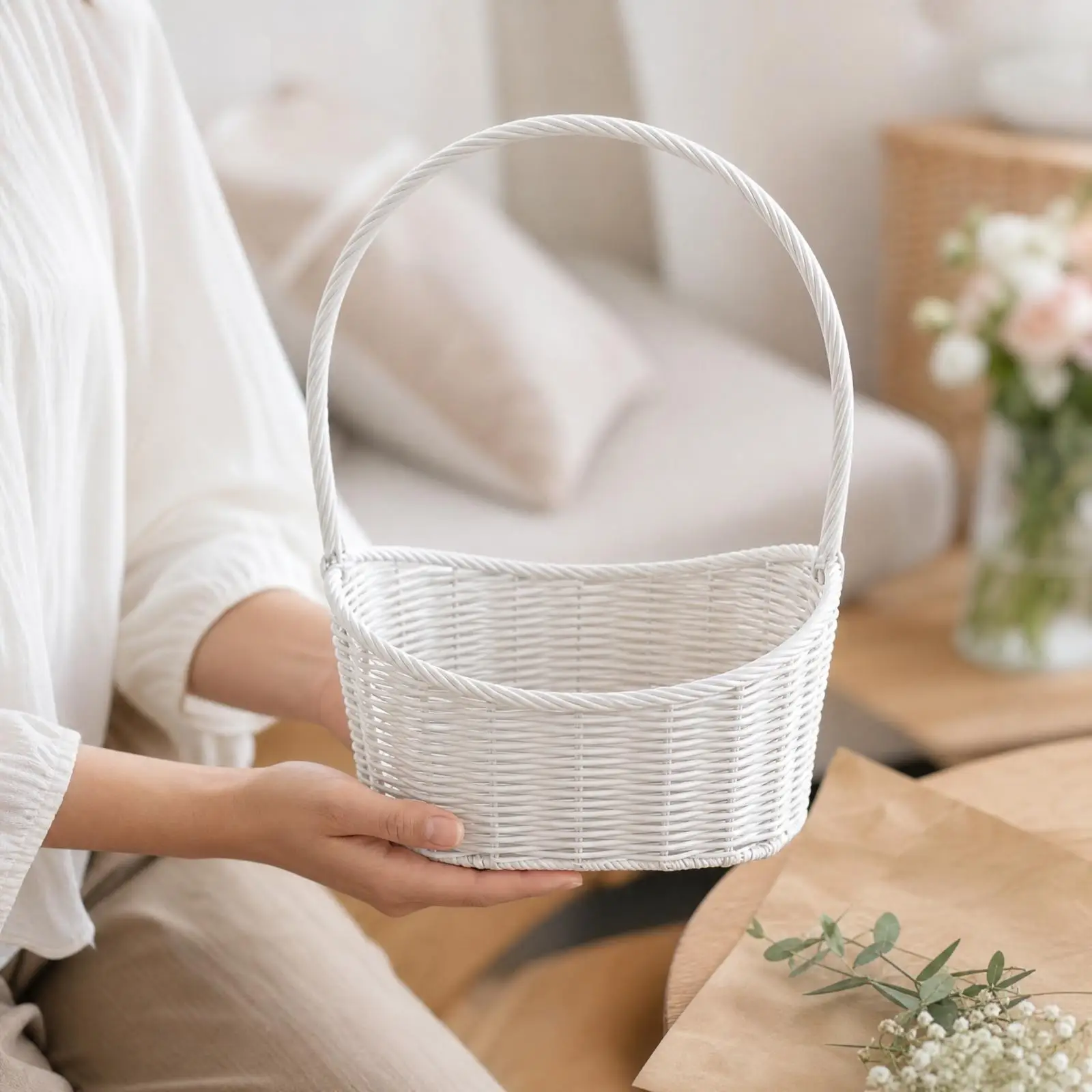 Imitation Rattan Woven Basket with Braided Handle for Dried Flower Arrangement Home Table Decoration