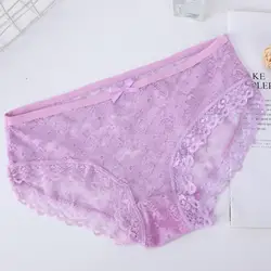 Women Panties Mid Waist Breathable Stretch Hollow Bowknot Soft See-through Lace Sexy Ladies Briefs Underpants Underwear