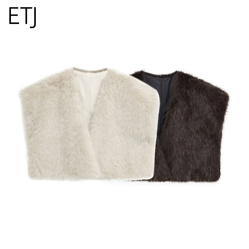 

ETJ 2025 женская зимняя новая элегантная и благородная шаль из искусственного меха, свободная версия, короткое меховое пальто без рукавов с v-образным вырезом