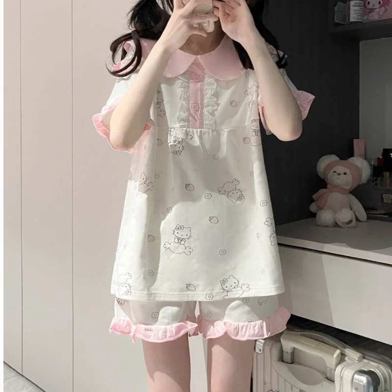 

Женские сексуальные пижамные комплекты Hello Kitty, кавайные летние шорты с короткими рукавами и героями мультфильмов, одежда для сна для молодых девушек, домашняя одежда, новинка