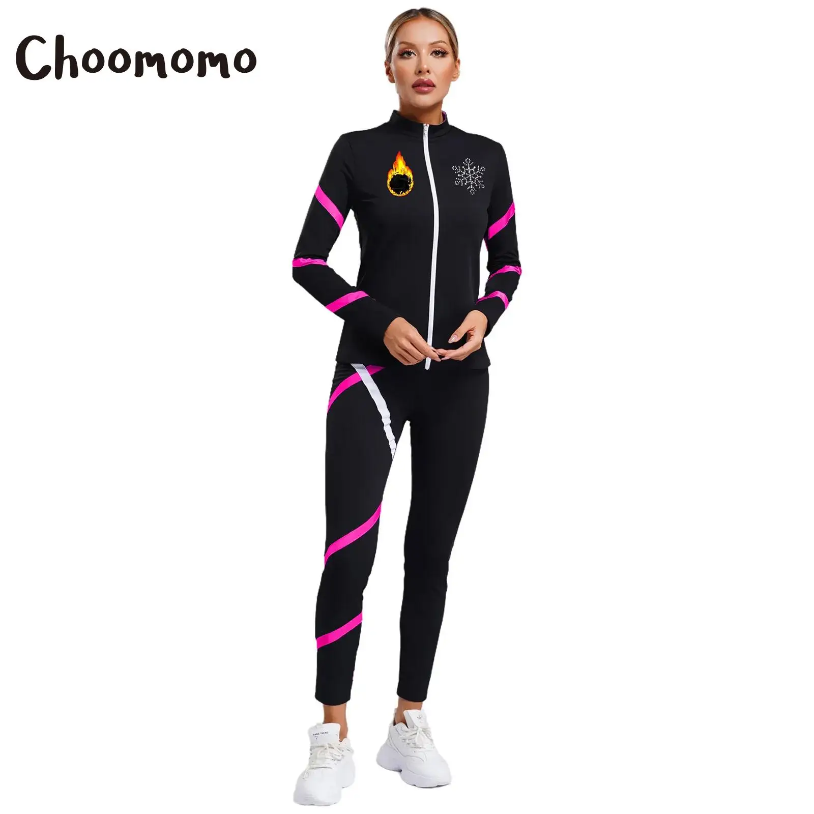 Womens Figure Ice Skating Suit Fleece-Lined Long Sleeve Jackets with Pants Training Competition Costume Training Dancewear