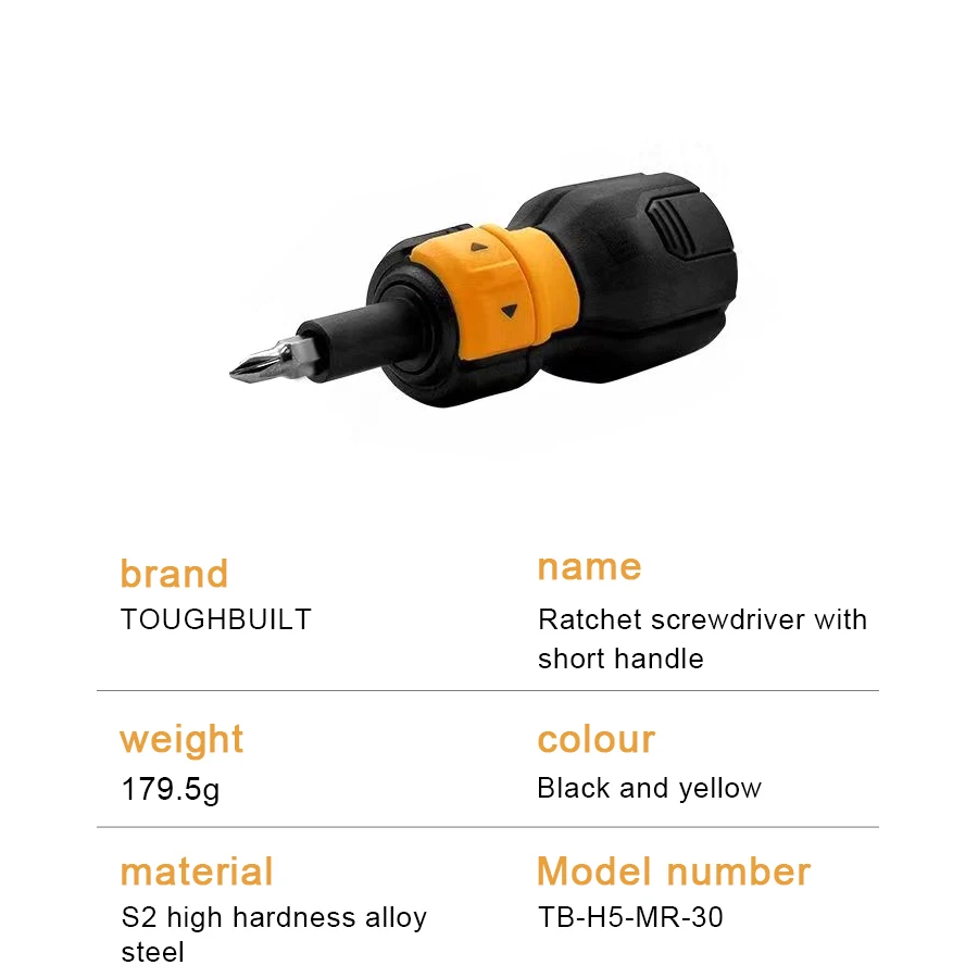 TOUGHBUILT TB-H5-MR-30 Ratchet Screwdriver Set 8PCS of PH/SL/SQ/TORX Screwdriver Set Ratcheting 7 Bits Driver S2 Steel Hand Tool