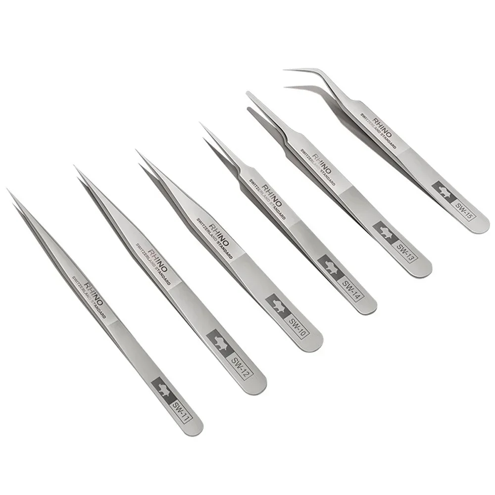 6PCS Anti-Magnetic Anti-Acid RHINO SW10 - SW15 Tweezers Set Switzerland Standard Tip Precision Forceps For Phone Repair Tools