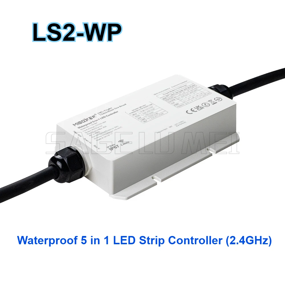 MiBoxer LS2 DC12V-48V 2,4 GHz 5in1 Smart LED Helderheid verstelbare Controller voor Enkele Kleur/CCT/RGB/RGBW/RGB + CCT LS2-WP IP67