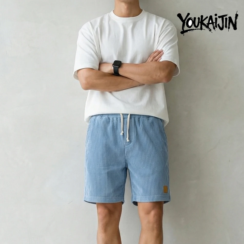 Corduroy Shorts Men EU Size Outdoor Loose Straight Casual Pants Summer Beach Retro Drawstring Elastic Waist Travel Shorts - Image 4