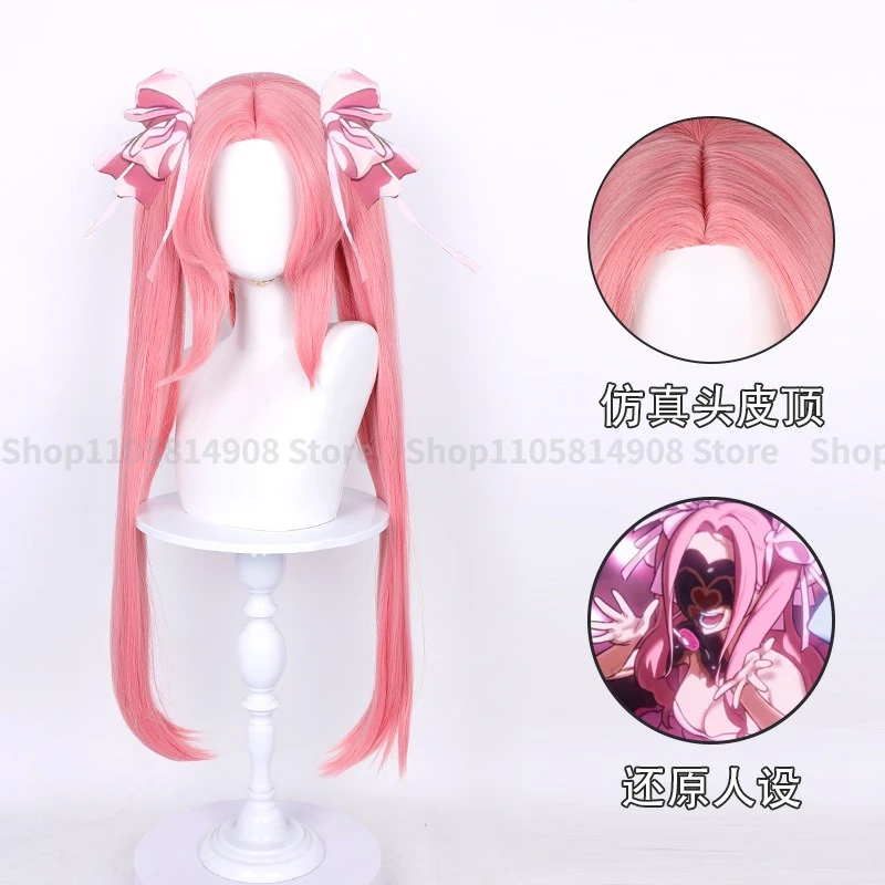 Peluca de 100 cm para cosplay de Mizi, personaje de la película Zombie Alien Stage, con dos coletas, de color rosa, hecha con fibra sintética resistente al calor, ideal como accesorio para Halloween o carnavales.