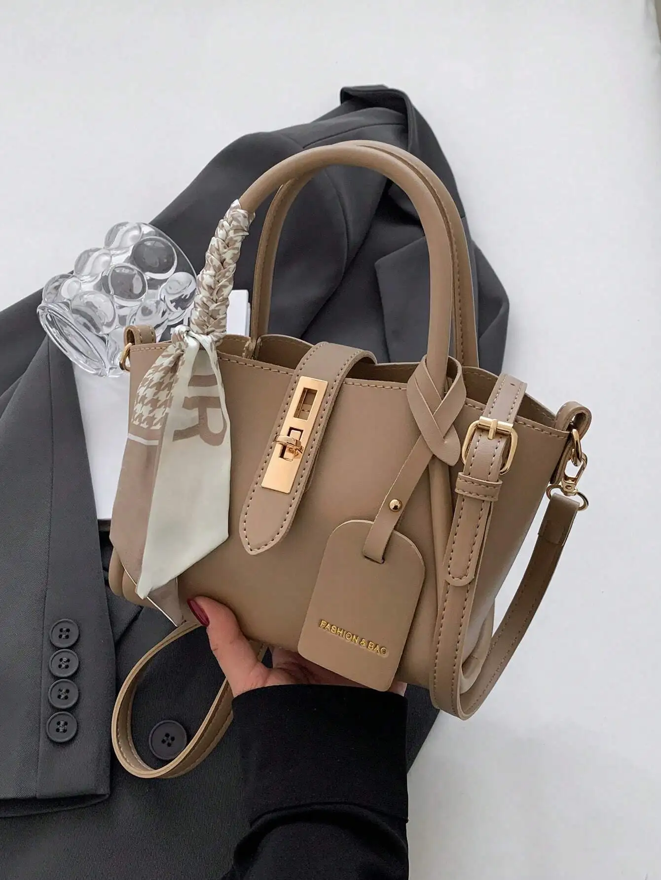 

Beige PU Top-Handle Bag with Gold Buckle & Detachable Scarf, Shoulder or Crossbody Wear