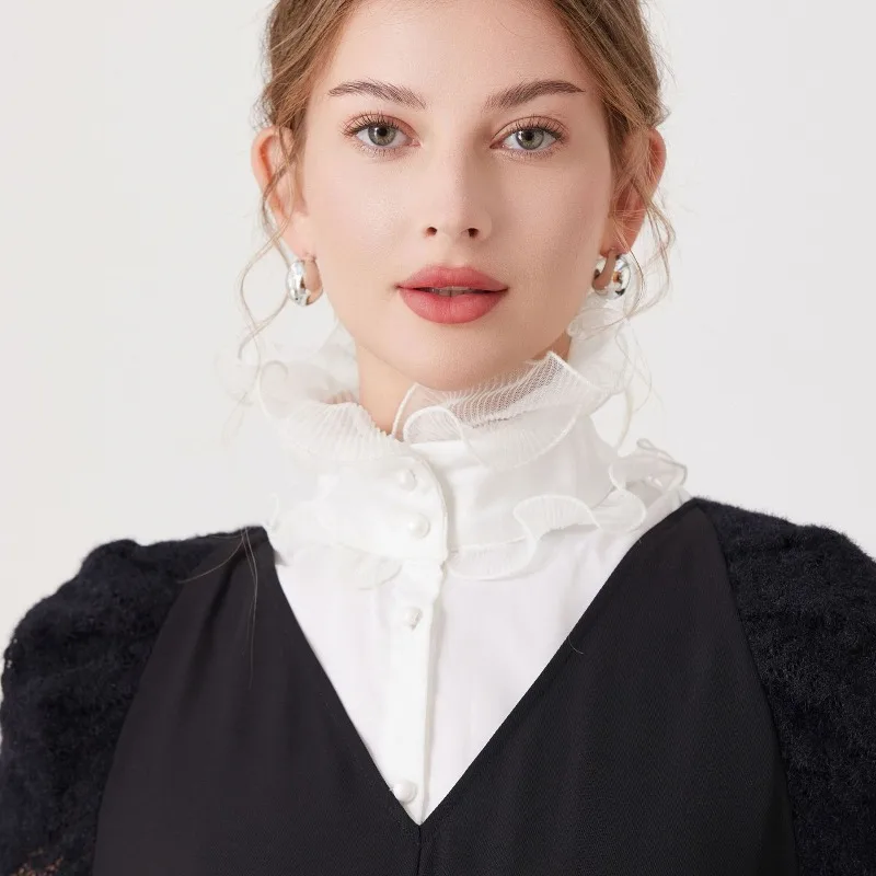 Vintage Ruffles Stand Shirt Detachable Collar for Womens Shoulder Removable Neck Fake Collar Shawl Wrap False Collar Accessory