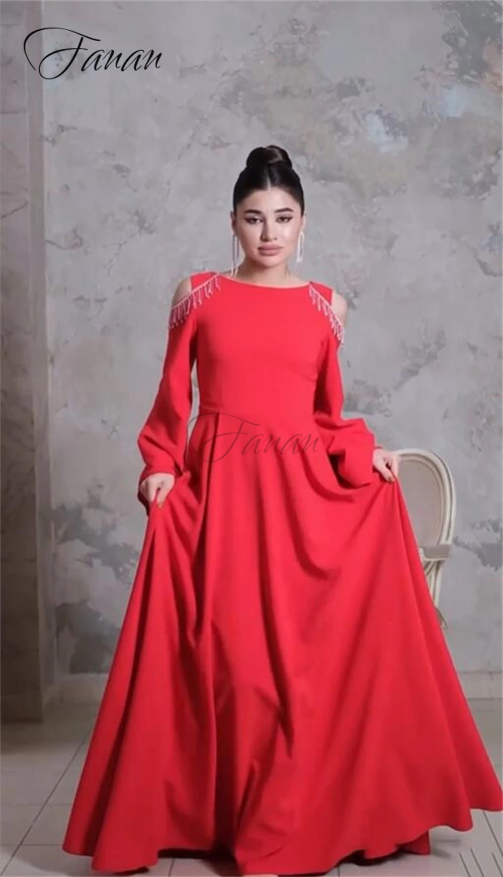 CustomizedA-line Tassel Party Dress Long Sleeve Round Neck Evening Dresses for Women Pleat Vintage Prom Gown فساتين للحفلات الرا