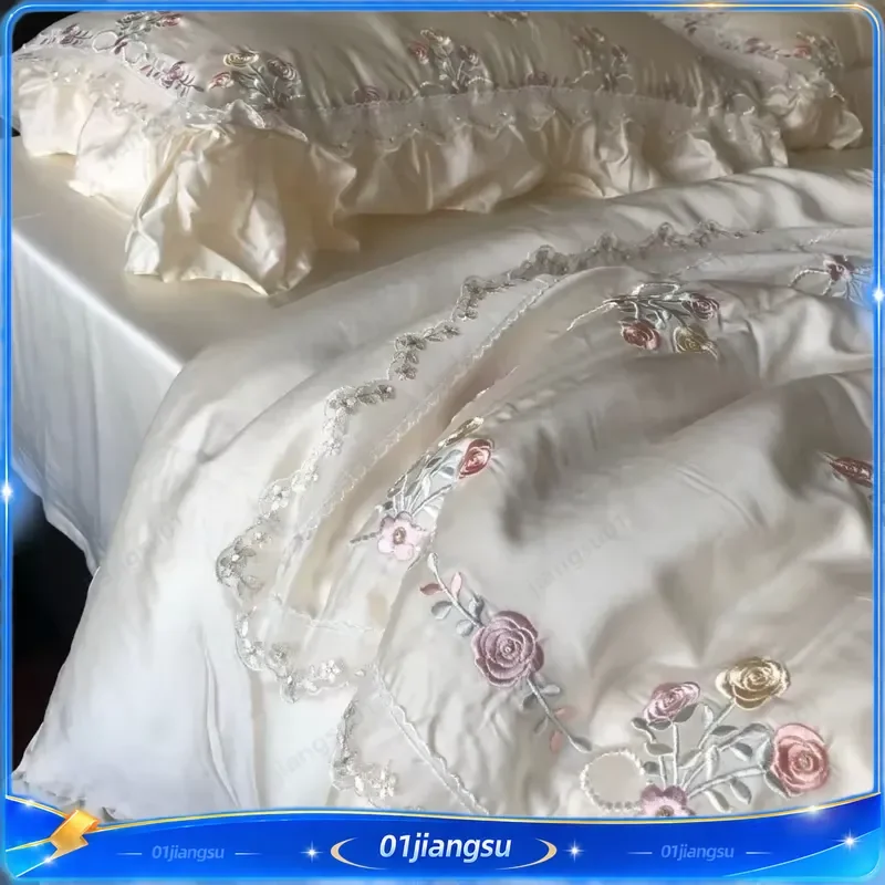 800TC Lyocell Bamboo Fiber Bedding Set Soft Silky Rose Floral Embroidery Lace Ruffles Duvet Cover Flat Fitted Sheet