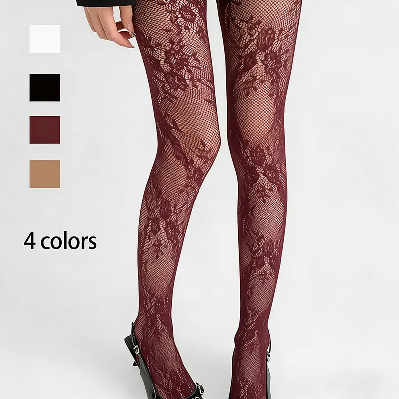 1 Stück Damen 4 Farben Schwarz Weiß Weinrot Khaki Blumenmuster Romantische Durchbrochene Sexy Modische Netzstrumpfhose