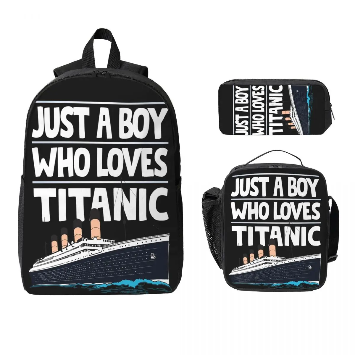 Just A Boy Who Loves Titanic Titanic Ship Backpack Student Boys Girls BookBag School Bag 3ps Insulated Lunch Bag Pencil Case