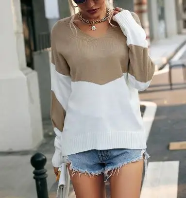 

Women's Trendy Color Block Sweater Long Sleeve V-Neck Knitwear Casual Autumn Top Fashionable