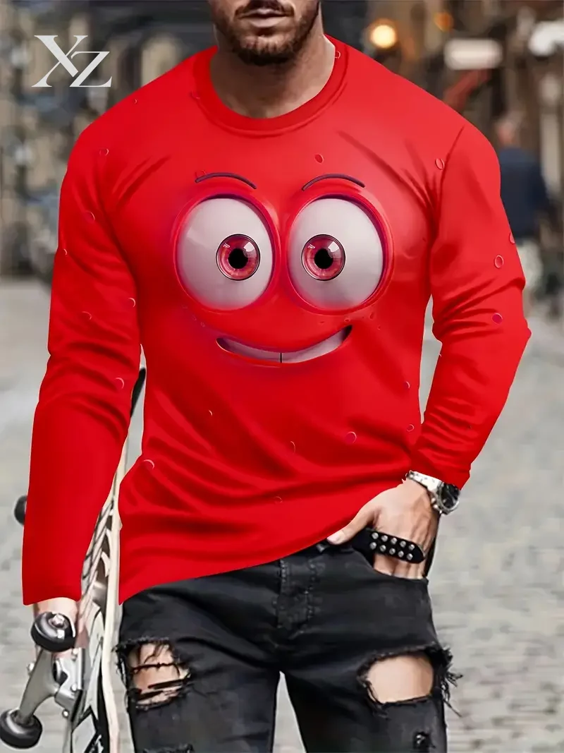 Premium Men's Cartoon Humor 3D Print Long Sleeve T-Shirt Funny Expression Face Tee Casual Crew Neck Loose Fit Tops for Men