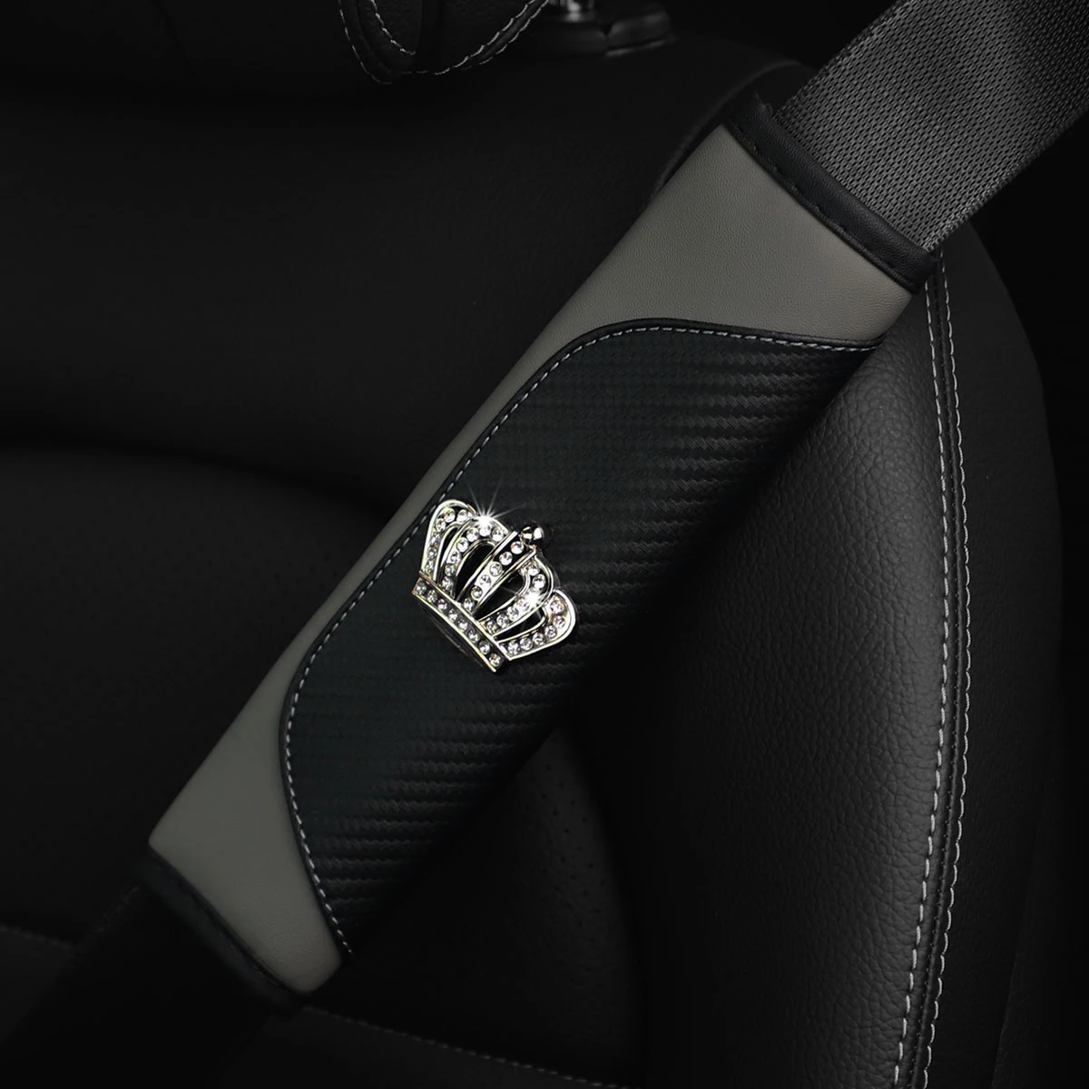 1 set of PU carbon fiber leather diamond-encrusted crown car shoulder guard safety belt decoration for car interior accessories view 4