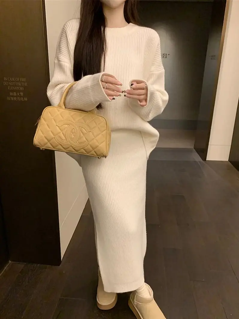 Alien Kitty Minimalist Loose Split Sweaters Women Chic 2024 Split Long Skirts Suits Gentle Spring Office Wear Lady Casual Sets