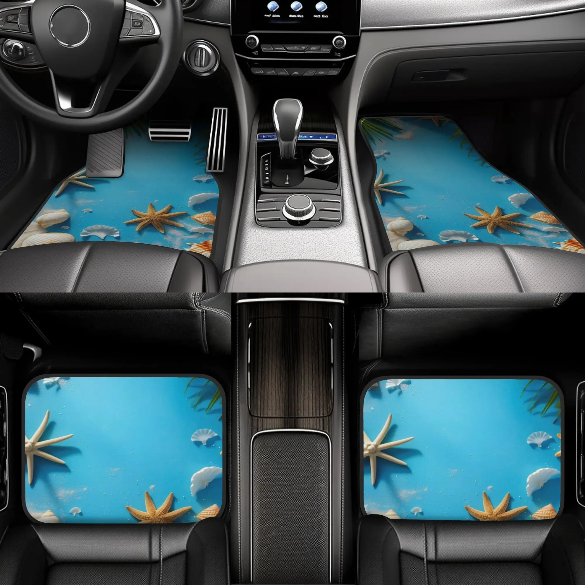 4pcs Seashells And Starfishs On A Blue Background With Palm Leaves Pattern Universal Car Floor Mats - Polyester Material, Non-Sl