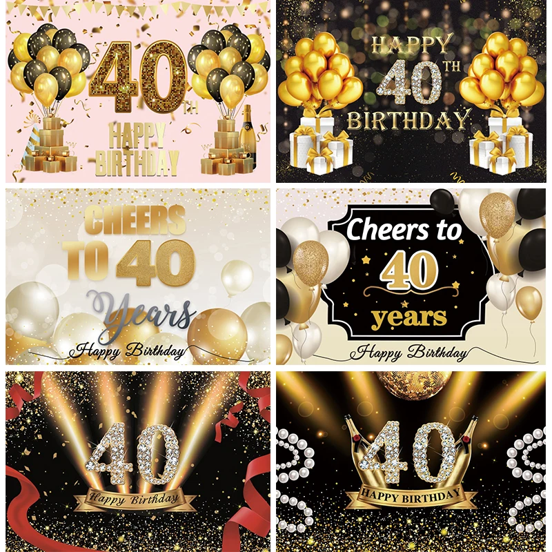 

Happy 40th Birthday Backdrop Man Woman 40 Years Old Party Decorations Black and Gold Photography Background Custom Photo Banner