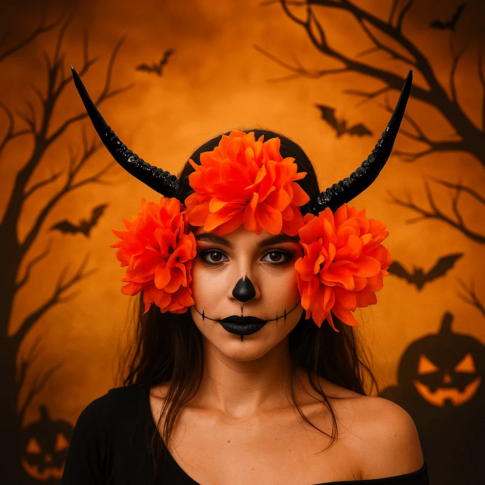 

Преувеличенная повязка на голову с рогом демона, имитация цветов, аксессуары для волос ведьмы, готический головной убор, фестиваль, декоративная Злая Королева