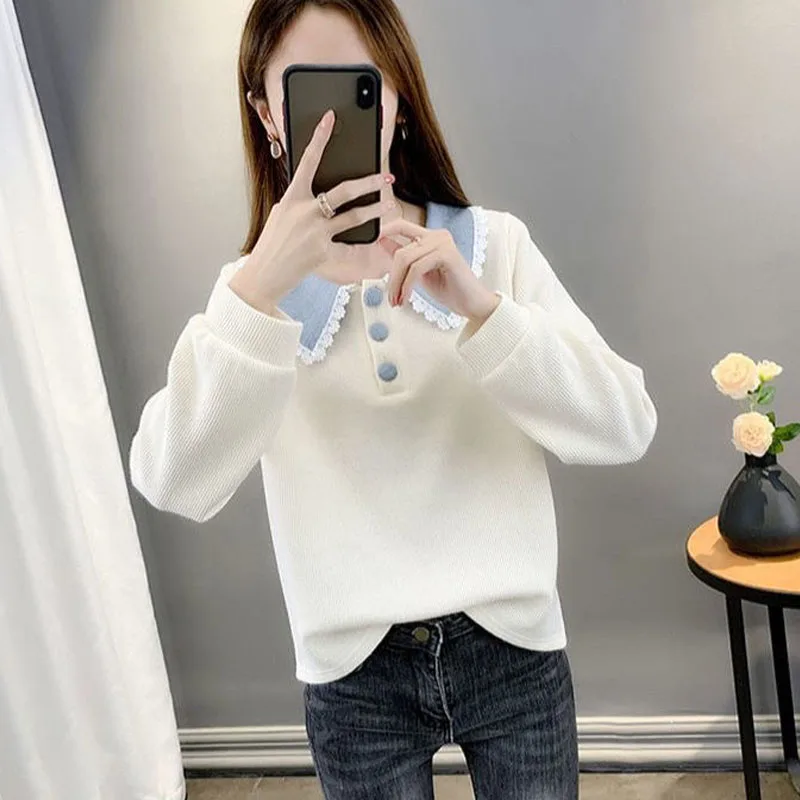 Sweet Fashion Peter Pan Collar Loose Long Sleeve Sweaters Women\'s Clothing All-match Lace Cut Solid Color Knitted Jumpers Female