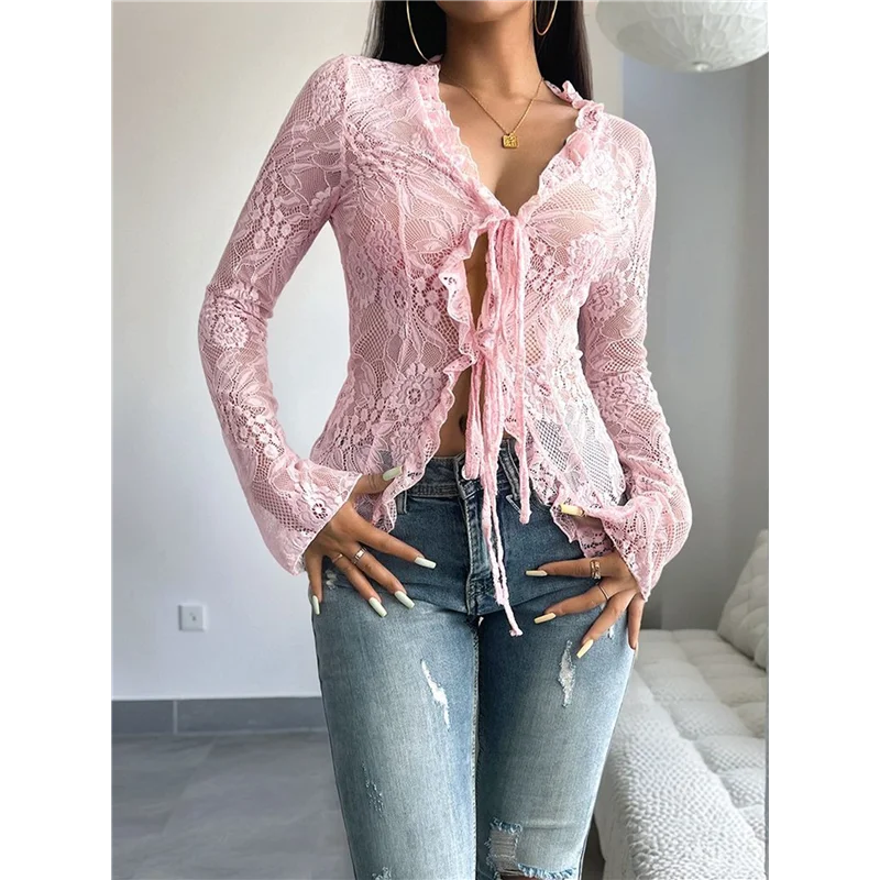 AOAO-haut transparent en dentelle pour femmes, col en V, maille transparente, chemises ouvertes sur le devant, chemisiers à manches longues, hauts de sortie Y2k