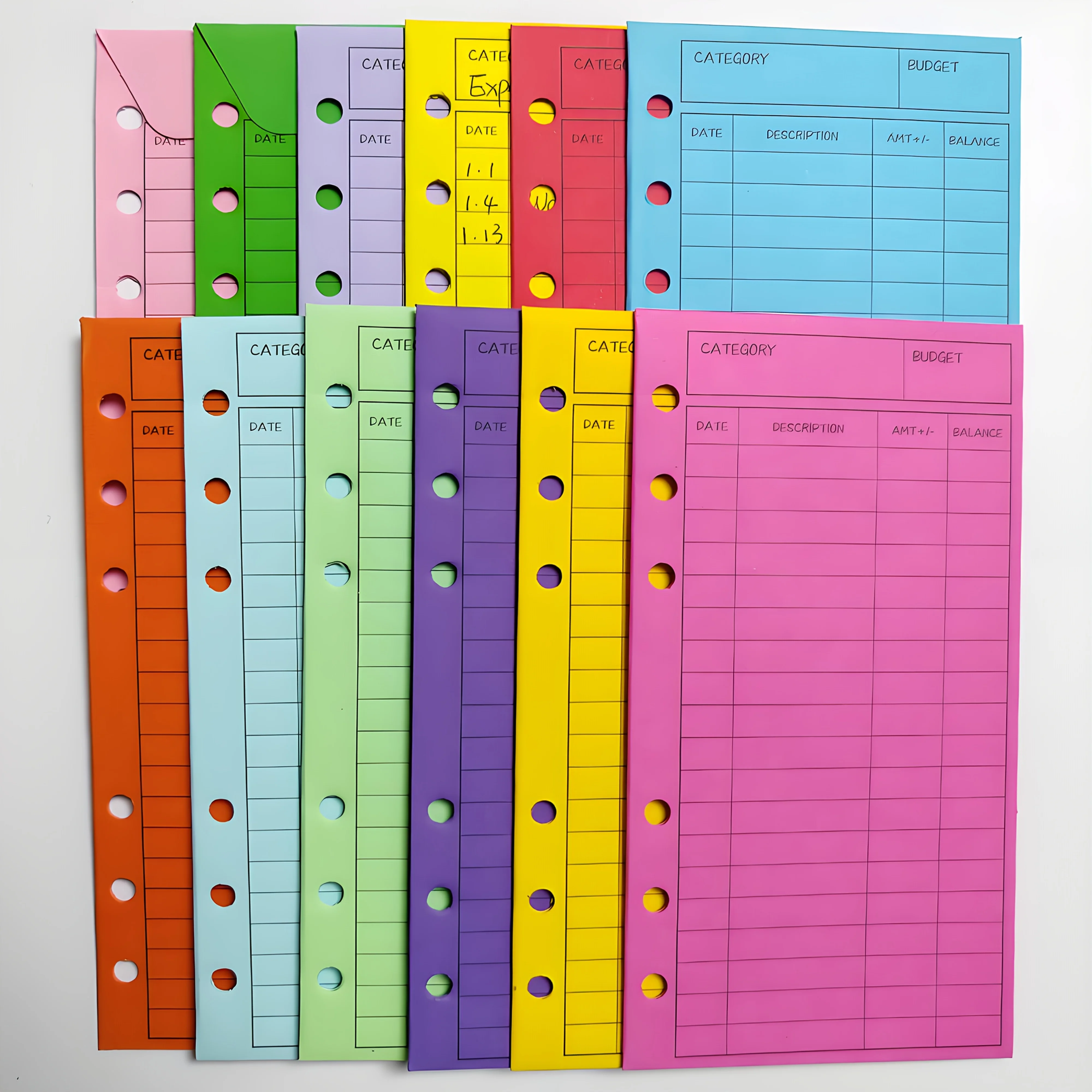 

12Pcs Budget Envelopes in Assorted Colors, Thick Kraft Paper with 6 Holes, Loose-Leaf Inner Pages for Document Storage
