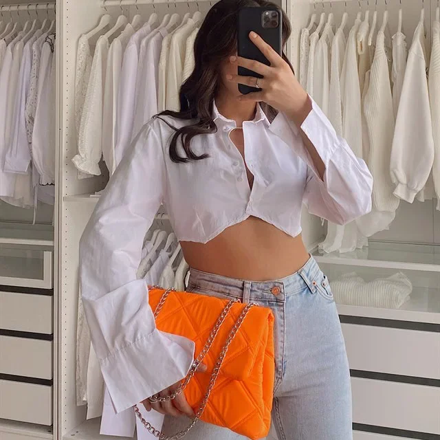 Summer 2023 New Street Trend Crop Tight Short Shirt Women's Lapel Single Breasted Cotton Small Shirt