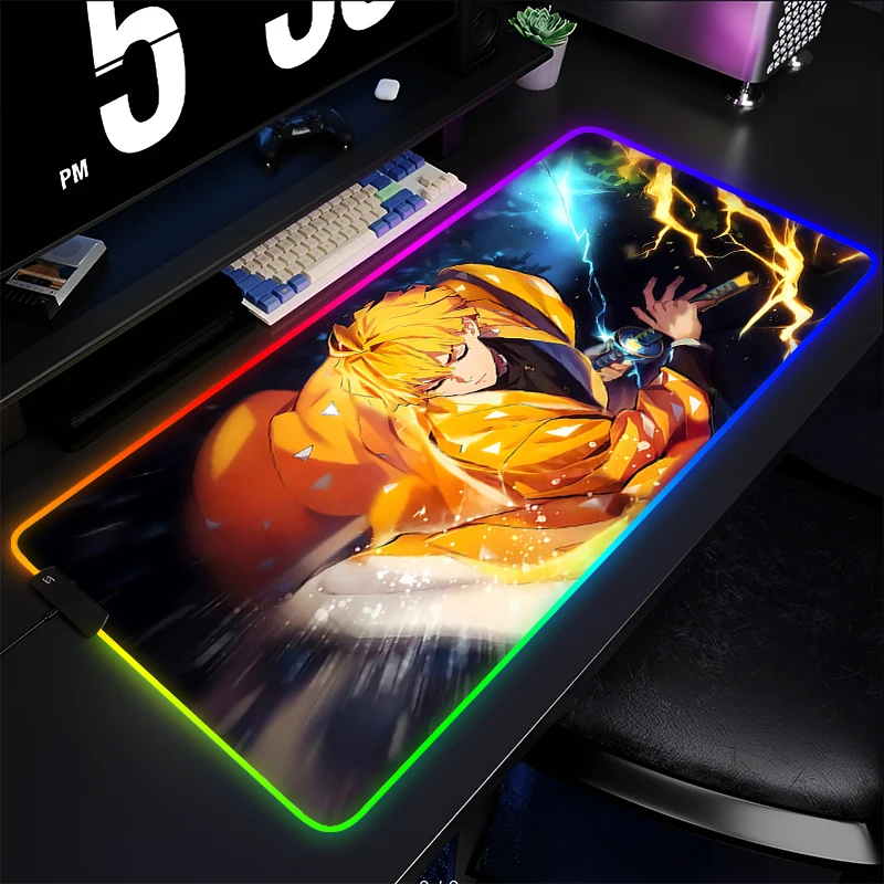 

RGB коврик для мыши офисный компьютер Demon Slayer Zenitsu настольный коврик ПК игровые аксессуары коврик для мыши светодиодный ноутбук японский аниме коврик для клавиатуры