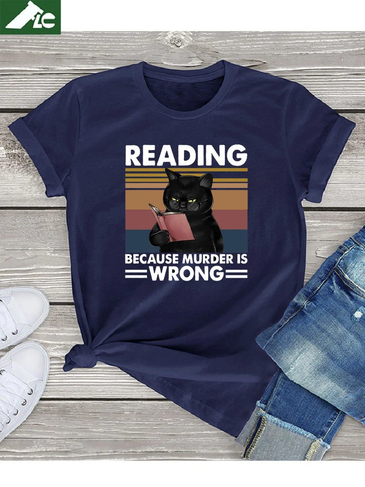 Funny Brand T Shirt For Women Black Cat Reading Because Murder Is Wrong Kawaii Women Clothing Summer Unisex Cat Graphic Top Tees