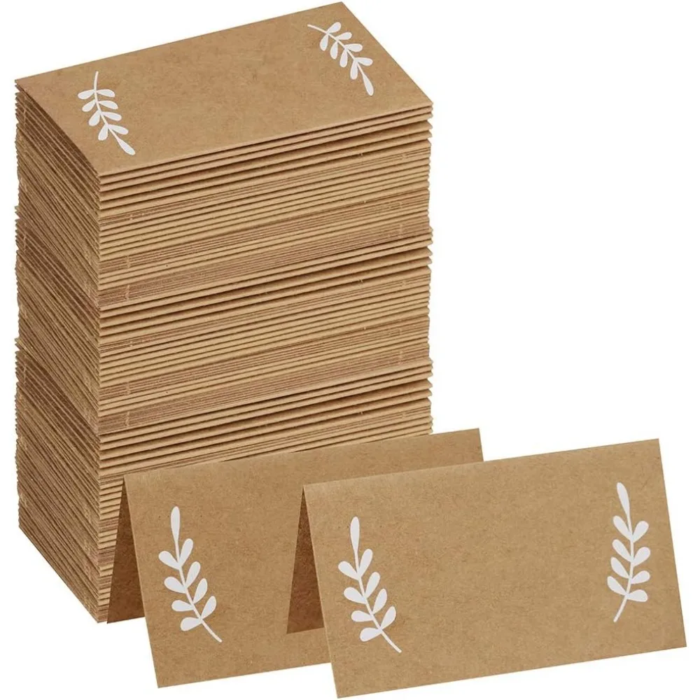 

100 Pcs Place Cards with White Laurel Leaves Kraft Paper Cards Rustic Wedding Table Name Number Blank Table Tent Cards Tab
