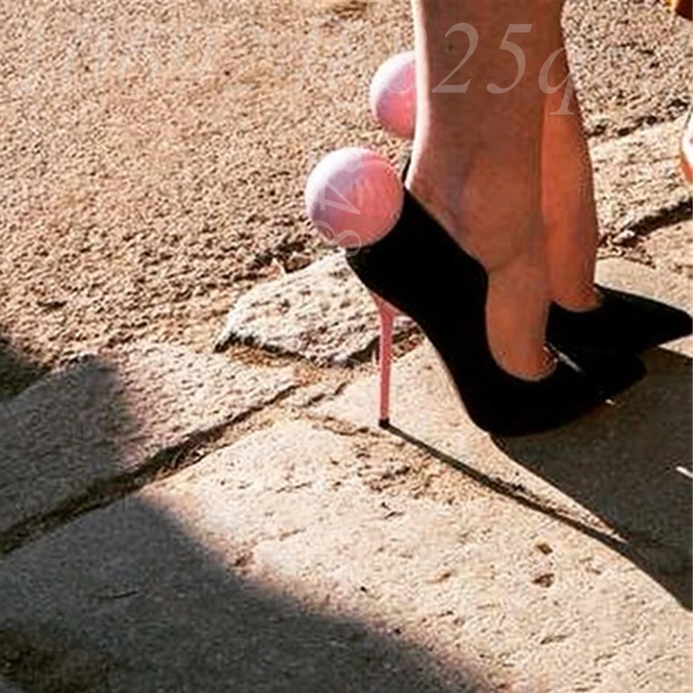 Women's Black Velvet Pointed Toe Pumps, Pink Stiletto Heel, Large Pink Ball Heel Accent, Thin High Heel Dress Shoes for Women