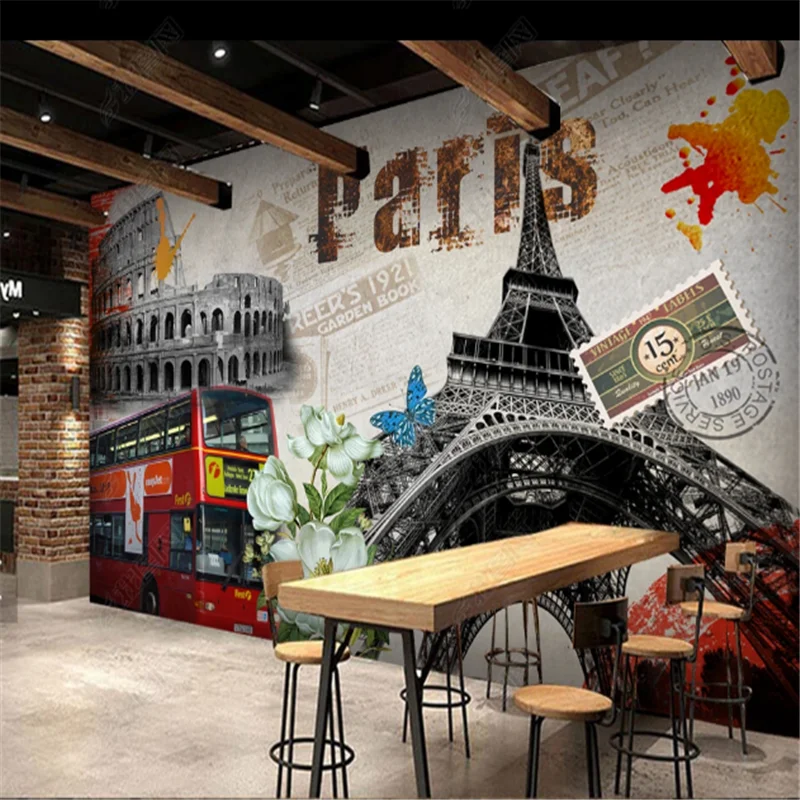 

European Oil Painting Bus Flower Paris Eiffel Tower Wallpapers Industrial Decoration Restaurant Background Mural Wall Paper