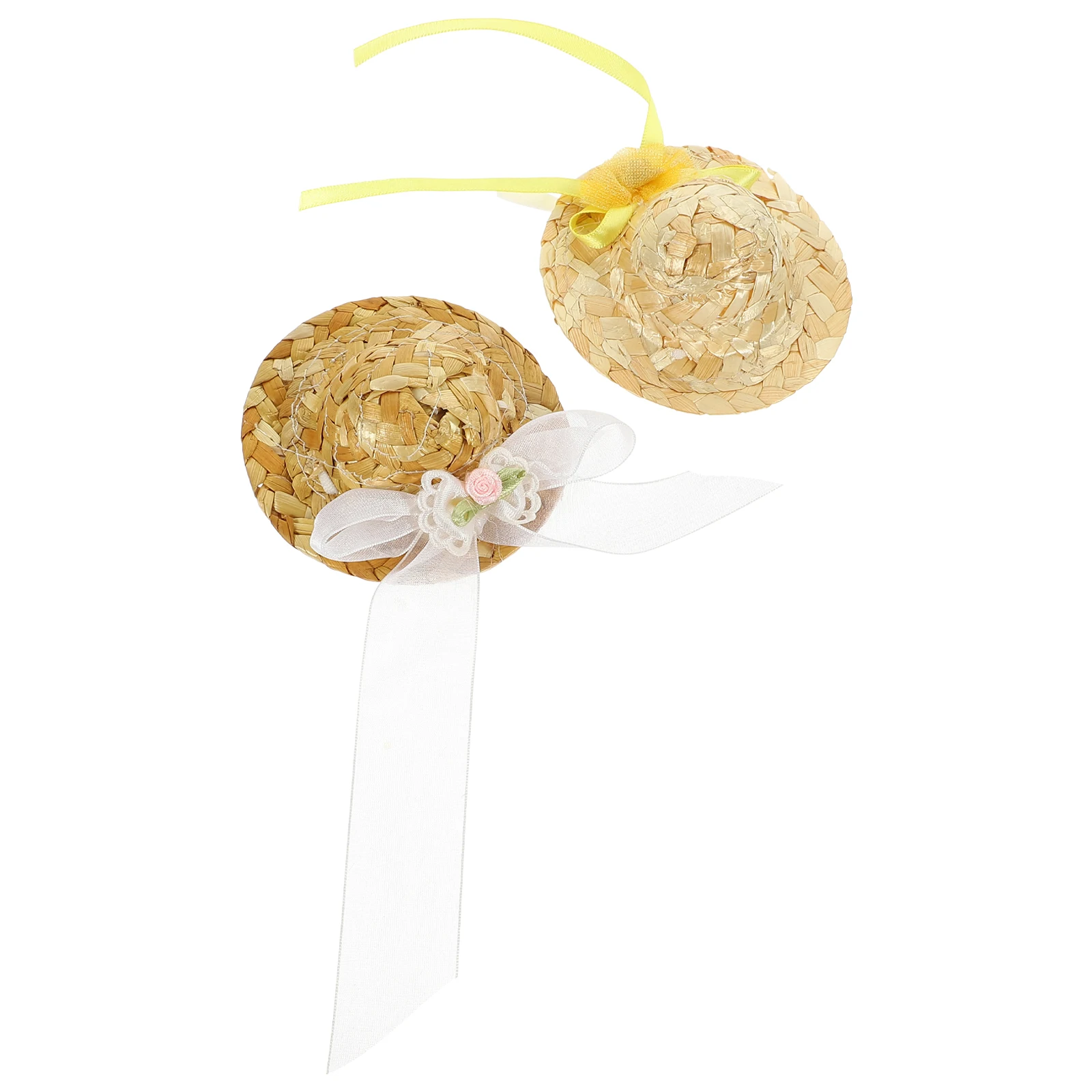 

2 Pcs Mini Pet Hats Yellow Butterfly 8cm Straw Hat Chicken Adjustable Elastic Toy Accessories Portable Hen Decor