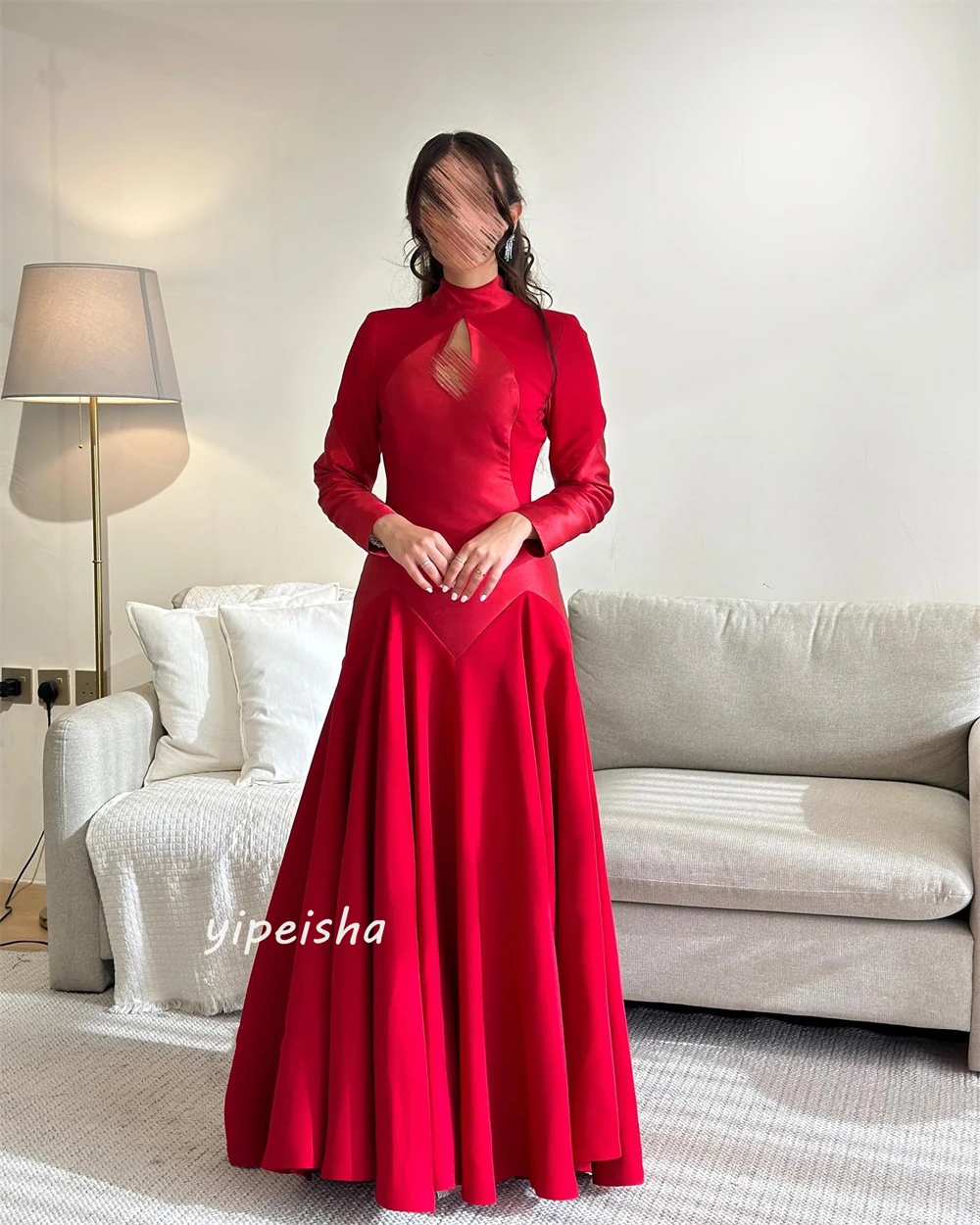 Jiayigong Satin Draped Ruched Evening A-line High Collar Bespoke Occasion Gown Long Sleeve Dresses