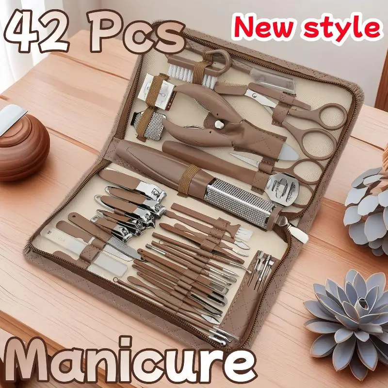 42-teiliges Nagelknipser-Set mit Reißverschluss, Ledertasche, Edelstahl, Maniküre-Set, Maniküre für Fingernägel, Zehennägel, Maniküre-Werkzeuge