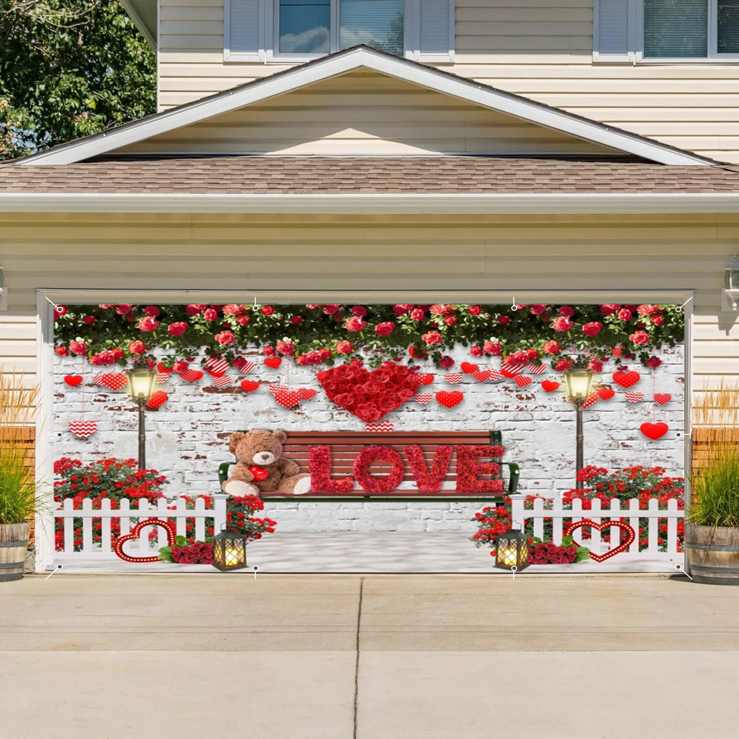 Valentine's Day Garage Door Backdrop Photography Red Rose Love Bear Balloon Pattern Outdoor Decor Proposal Scene Background Prop