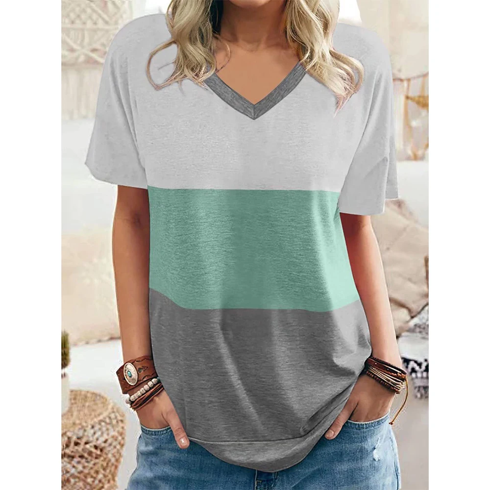 Women\'s T-shirt Simple Fashion V-neck Short Sleeve Stripe Print T Shirt For Ladies Harajuku Loose Clothing Female Pullover Tops