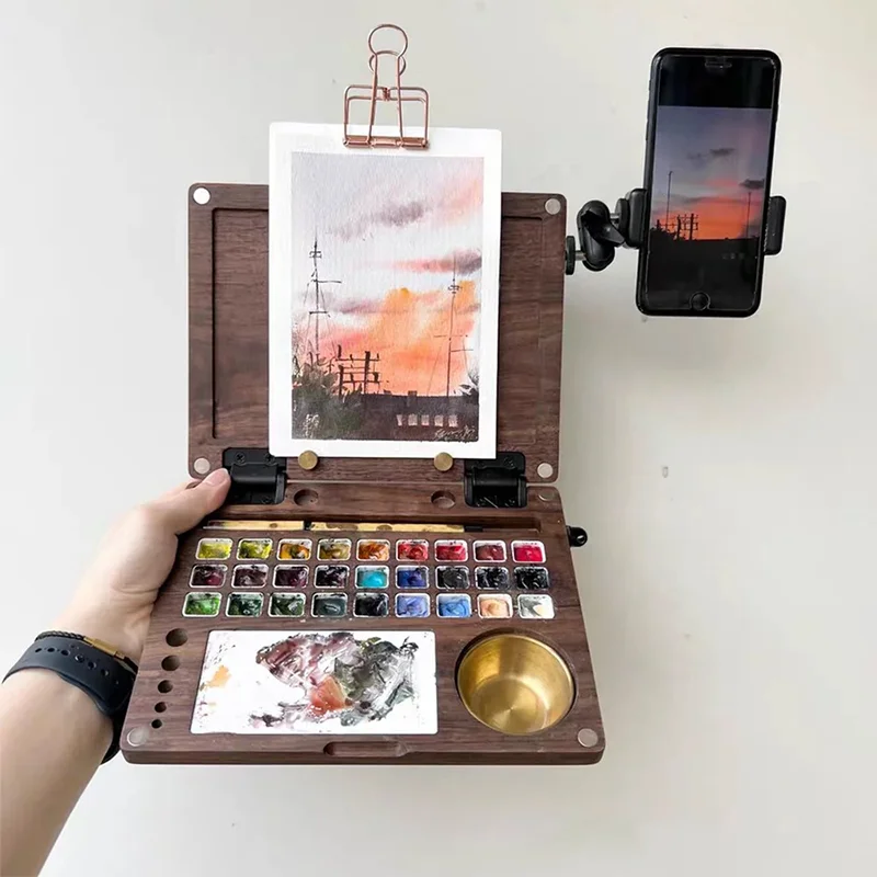 1Pcs Wooden Color Palette Foldable And Strap Compatible Outdoor Portable Sketching Oil Painting Watercolor Pigment Box
