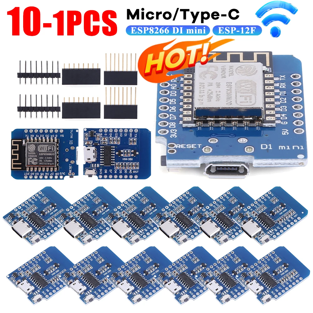 1-10PCS ESP-12F ESP8266 D1 Mini Nodemcu Lua Micro Type-c WeMos WLAN WIFI Expansion Development Board Support OTA Pin for Arduino