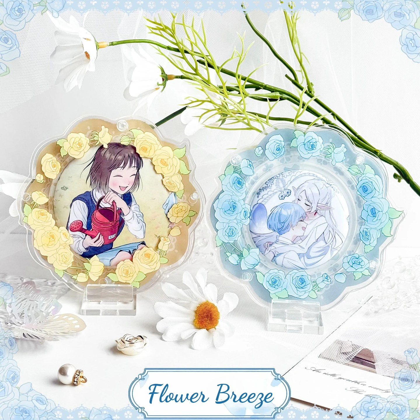 Flower Breeze Series 58/65/75mm Badge Display Tray, Acrylic Fresh Style Holder, for Anime Pins Collectible Decor Shooting Layout