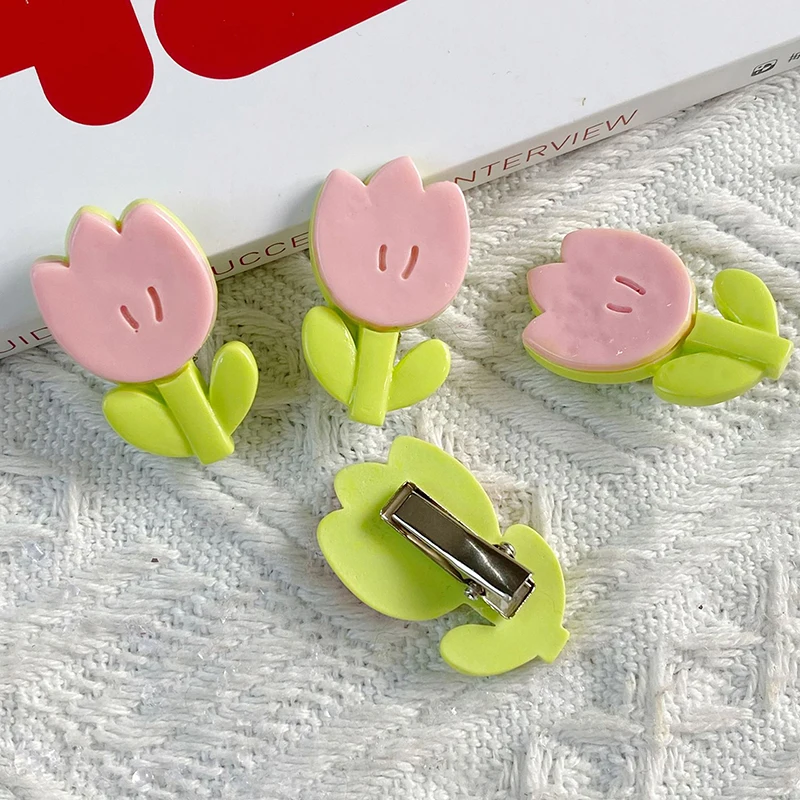 2PCS Summer Fashion Hairpin Sweet Cute Tulip Flower Pink Hair Clip Duckbill Clips For Girls Exquisite All-match Hair Accessories